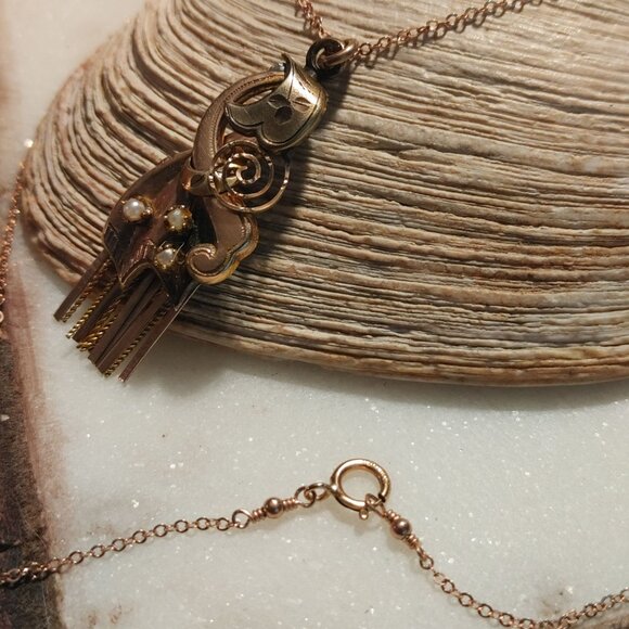 Vintage 12K Gold Moveable Intricate Pendant Necklace 14K GF Chain Pearl Accents - Picture 2 of 16